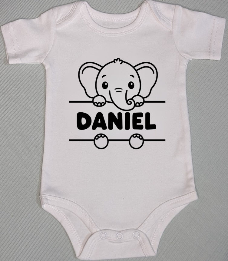 Personalised baby onesie with black print boy elephant and baby's name