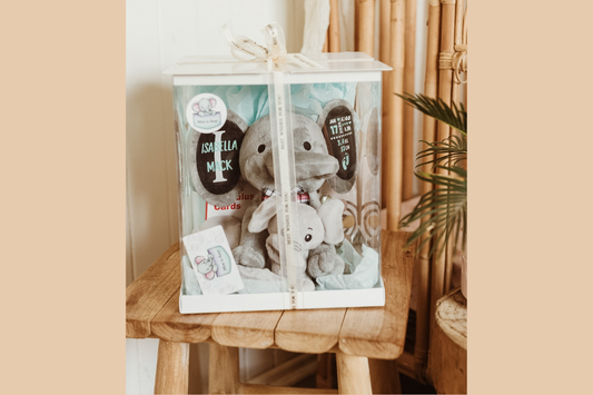 Personalised newborn baby gift bundle with elephant keepsake, baby bodysuit, comforter and high-contrast visual cards.