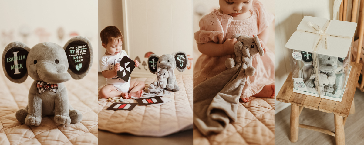 Personalised baby elephant keepsake with birth details on the ear, a baby playing with contrast cards, an elephant comforter, and Tiny Firsts Bundle gift box packaging